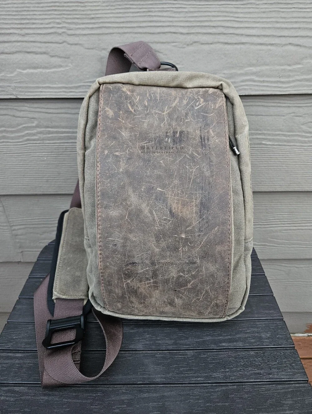 WaterField Sutter Tech Sling Bag Waxed Canvas Brown Distressed Leather Backpack